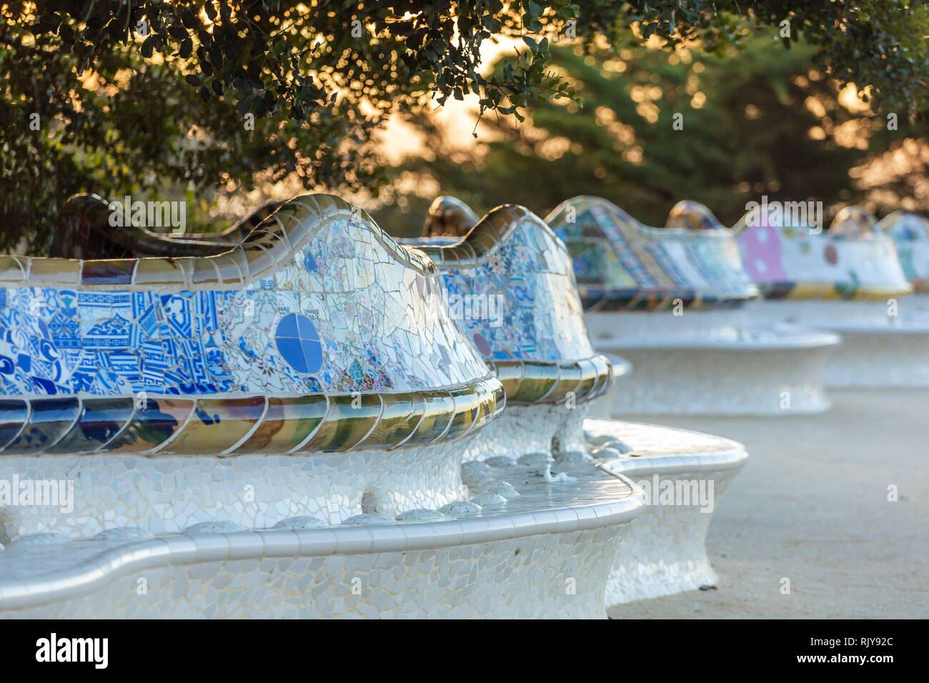 Close-up view of the bench in Park Guell designed by Antoni Gaudi, Barcelona, Spain. Stock Photo
