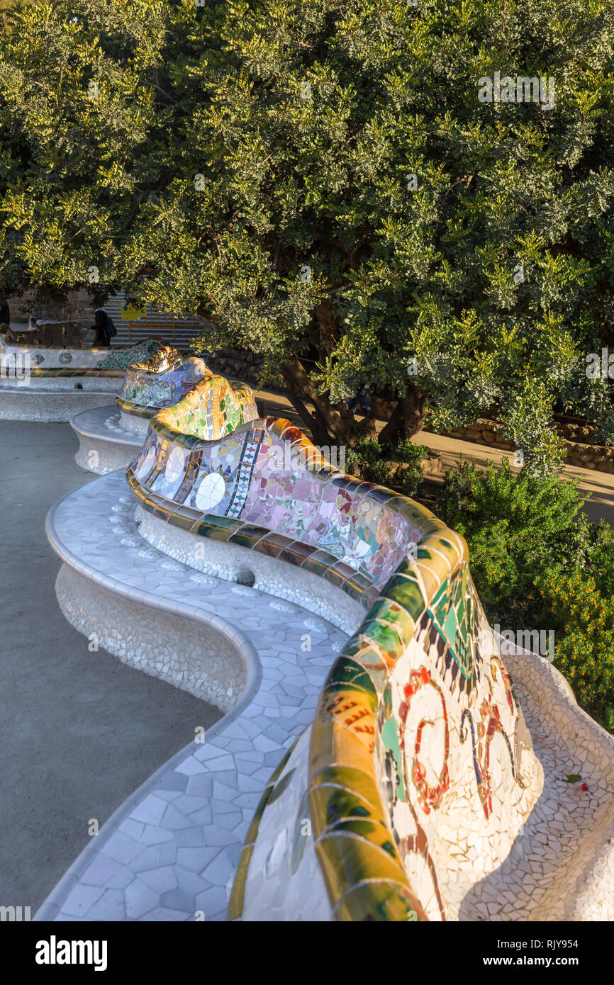 Close-up view of the bench in Park Guell designed by Antoni Gaudi, Barcelona, Spain. Stock Photo