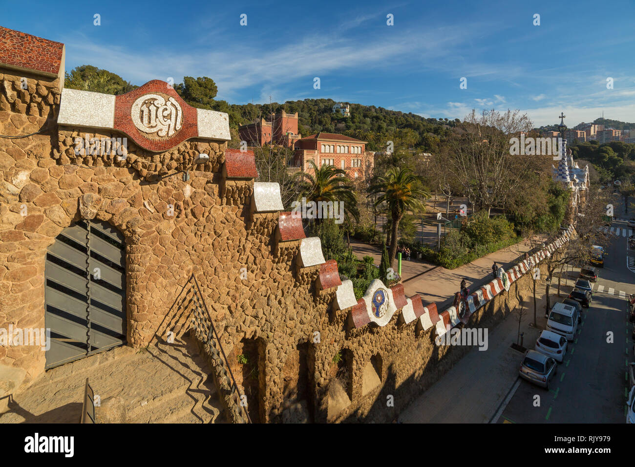 Barcelona, Spain - March 28, 2018: Stone fence of Park Guell in Barcelona, Spain Stock Photo