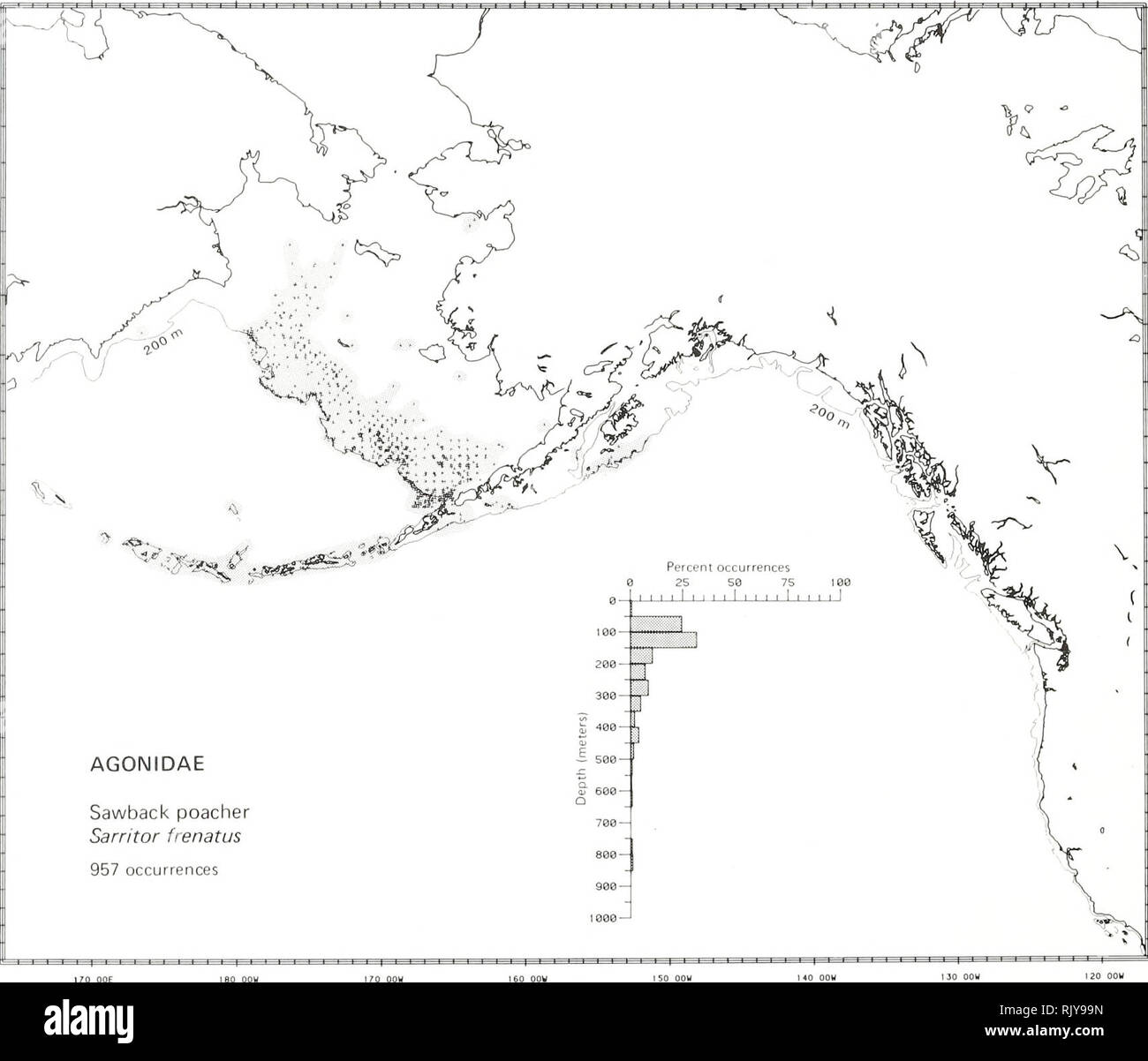 . Atlas and zoogeography of common fishes in the Bering Sea and Northeastern Pacific / M. James Allen, Gary B. Smith. Fishes Bering Sea Geographical distribution.. SAWBACK POACHER, Sarritor frenatus (Gilbert 1896) Agonidae: Poachers Literature Reported from Japan north to the Gulf of Anadyr and Bristol Bay, west in the Aleutian Islands to Semisopochnoi Island, and east to Alice Arm, British Columbia (Andriyashev 1954; Wilimovsky 1964; Quast and Hall 1972; Hughes and Kashino 1984), at depths of 18 to 693 m (Fedorov 1973a; Eschmeyer and Herald 1983). Survey data Found from off Glubokaya Bay (on  Stock Photo