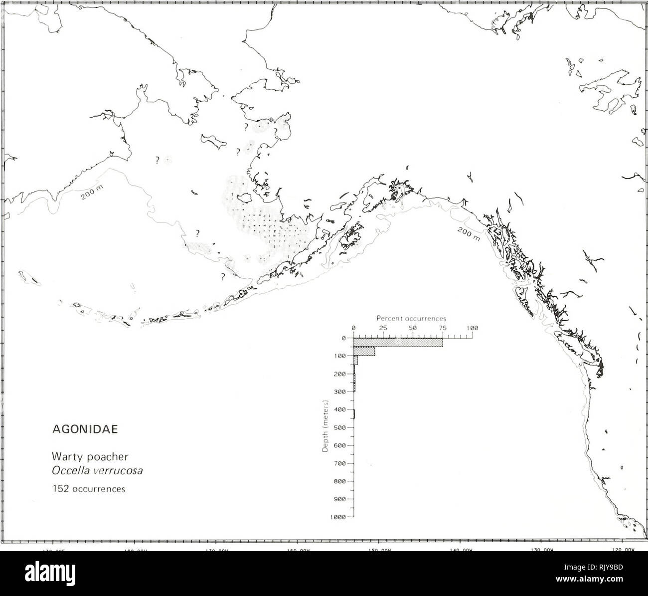 . Atlas and zoogeography of common fishes in the Bering Sea and Northeastern Pacific / M. James Allen, Gary B. Smith. Fishes Bering Sea Geographical distribution.. WARTY POACHER, Occella verrucosa (Lockington 1880) Agonidae: Poachers Literature Reported from Bristol Bay in the southeastern Bering Sea to Point Montara, California (Hart 1973; Eschmeyer and Herald 1983), at depths of 18 to 275 m (Howe 1981; Eschmeyer and Herald 1983). Survey data Found from northern Norton Sound and the northwest eastern Bering Sea, southeast to the Alaska Peninsula and Unimak Island, and east to Kodiak Island, A Stock Photo