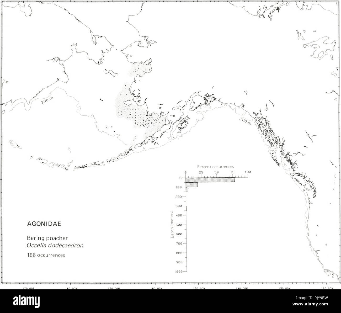 . Atlas and zoogeography of common fishes in the Bering Sea and Northeastern Pacific / M. James Allen, Gary B. Smith. Fishes Bering Sea Geographical distribution.. BERING POACHER, Occella dodecaedron (Tilesius 1813) Agonidae: Poachers Literature Reported from the northern Sea of Japan and the Sea of Okhotsk to Olyutorski Bay and Norton Sound in the Bering Sea to Izembek Lagoon on the Alaska Peninsula (Andriyashev 1954; Wilimovsky 1964; Quast and Hall 1972), at depths of 7 to 59 m (Howe 1981). Survey data Found from Kotzebue Sound in the Chukchi Sea south along the Alaskan coast of the eastern  Stock Photo