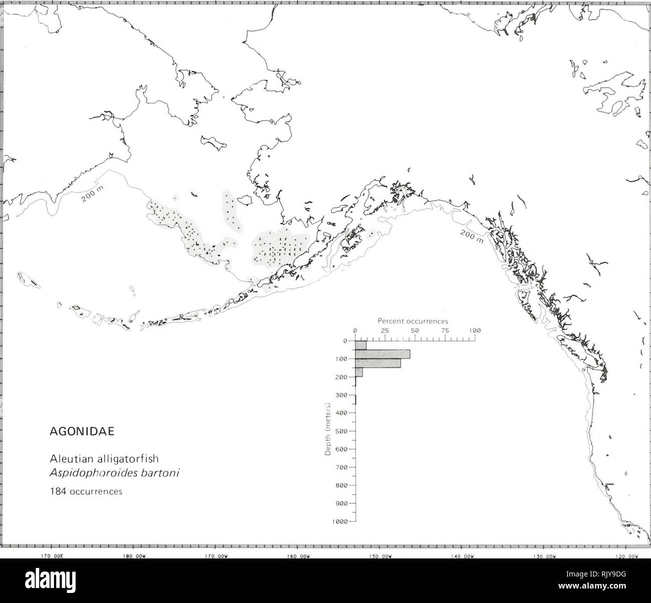 . Atlas and zoogeography of common fishes in the Bering Sea and Northeastern Pacific / M. James Allen, Gary B. Smith. Fishes Bering Sea Geographical distribution.. ALEUTIAN ALLIGATORFISH, Aspidophoroides bartoni Gilbert 1896 Agonidae: Poachers Literature Reported from the northern Sea of Japan and Sea of Okhotsk to the Arctic, south to the Gulf of Alaska, and west along the Aleutian Islands to Amchitka Island (Wilimovsky 1964; Quast and Hall 1972; Howe 1981), at depths of 22 to 223 m (Howe 1981). Survey data Found from Pervenets Canyon and Nunivak Island in the eastern Bering Sea, southeast to Stock Photo