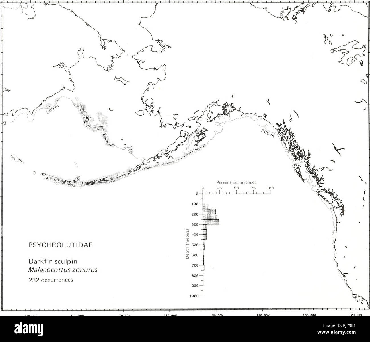 . Atlas and zoogeography of common fishes in the Bering Sea and Northeastern Pacific / M. James Allen, Gary B. Smith. Fishes Bering Sea Geographical distribution.. DARKFIN SCULPIN, Malacocottus zonurus Bean 1890 Psychrolutidae: Soft Sculpins Literature Reported from the Sea of Okhotsk and the Bering Sea to Washington (Shmidt 1950; Howe 1981), at depths of 100 to 1980 m (Fedorov 1973a). Survey data Found from off Glubokaya Bay (on the Korak Coast of the western Bering Sea) north to southeast of Cape Navarin, southeast along the outer shelf and slope of the eastern Bering Sea to Akutan Island, w Stock Photo