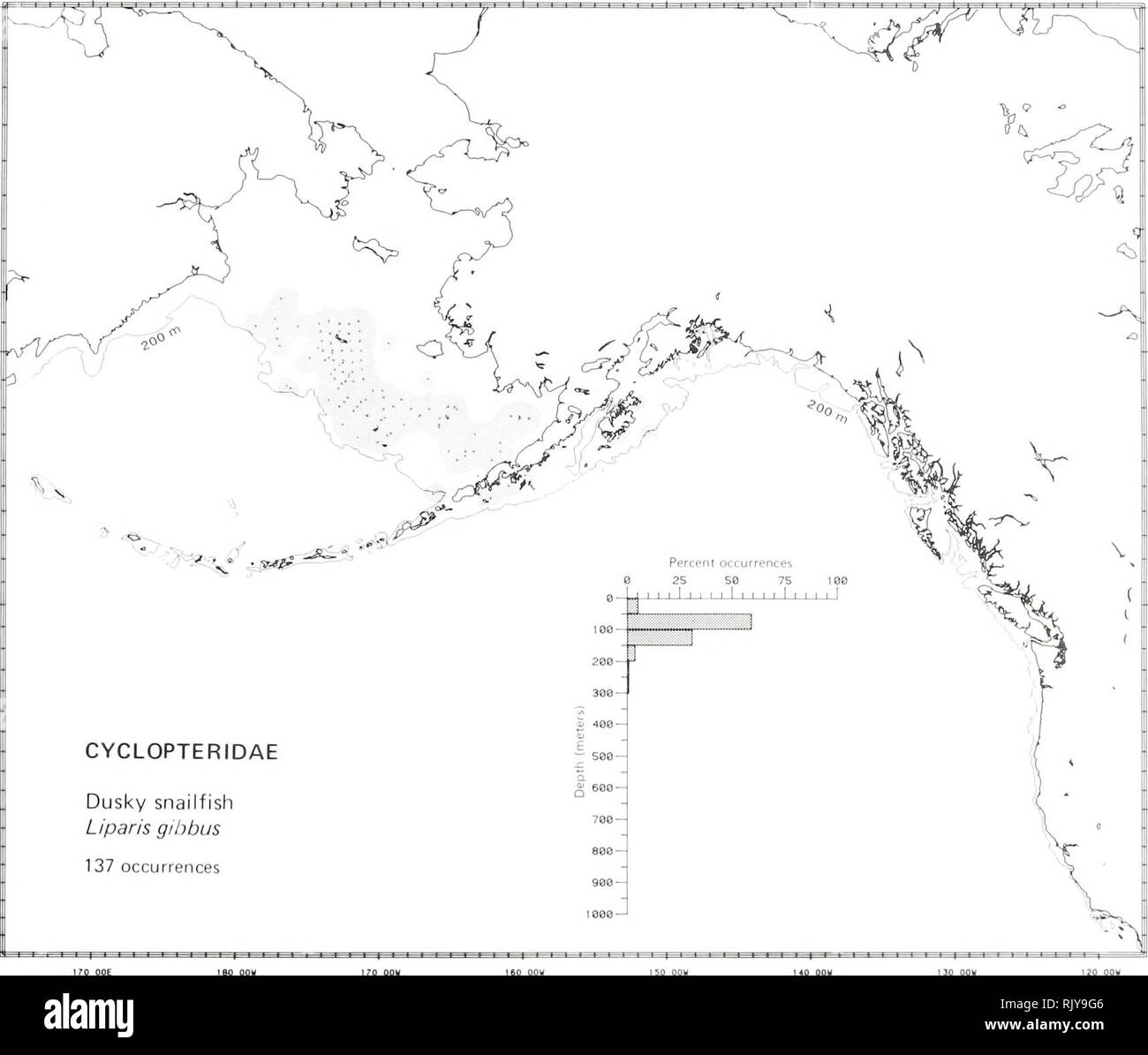 . Atlas and zoogeography of common fishes in the Bering Sea and Northeastern Pacific / M. James Allen, Gary B. Smith. Fishes Bering Sea Geographical distribution.. DUSKY SNAILFISH, Liparis gibbus Bean 1881 Cyclopteridae: Lumpfishes and Snailfishes Literature Reported from Avacha Bay in southeastern Kamchatka to southeastern Alaska, west to Unalaska Island, north along the Alaskan coast of the Bering Sea, across the Canadian Arctic and south in the North Atlantic to Nova Scotia (Able and McAllister 1980), at depths of 25 to 366 m (Able and McAllister 1980; Eschmeyer and Herald 1983). Survey dat Stock Photo