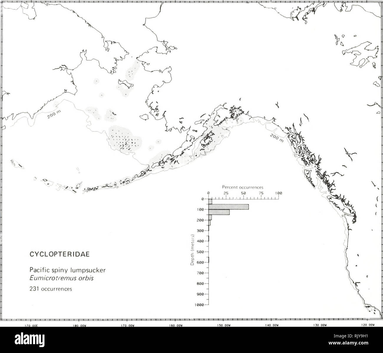 . Atlas and zoogeography of common fishes in the Bering Sea and Northeastern Pacific / M. James Allen, Gary B. Smith. Fishes Bering Sea Geographical distribution.. PACIFIC SPINY LUMPSUCKER, Eumicrotremus orbis (Giinther 1896) Cyclopteridae: Lumpfishes and Snailfishes Literature Reported from Muroran, Hokkaido, Japan, and the Sea of Okhotsk to the Chukchi Sea, occurring west along the Aleutian Islands to Amchitka Island and east to Puget Sound, Washington (Ueno 1970; Quast and Hall 1972; Simenstad et al. 1977; Eschmeyer and Herald 1983), at depths of 0 to 240 m (Fedorov 1973a; Eschmeyer and Her Stock Photo