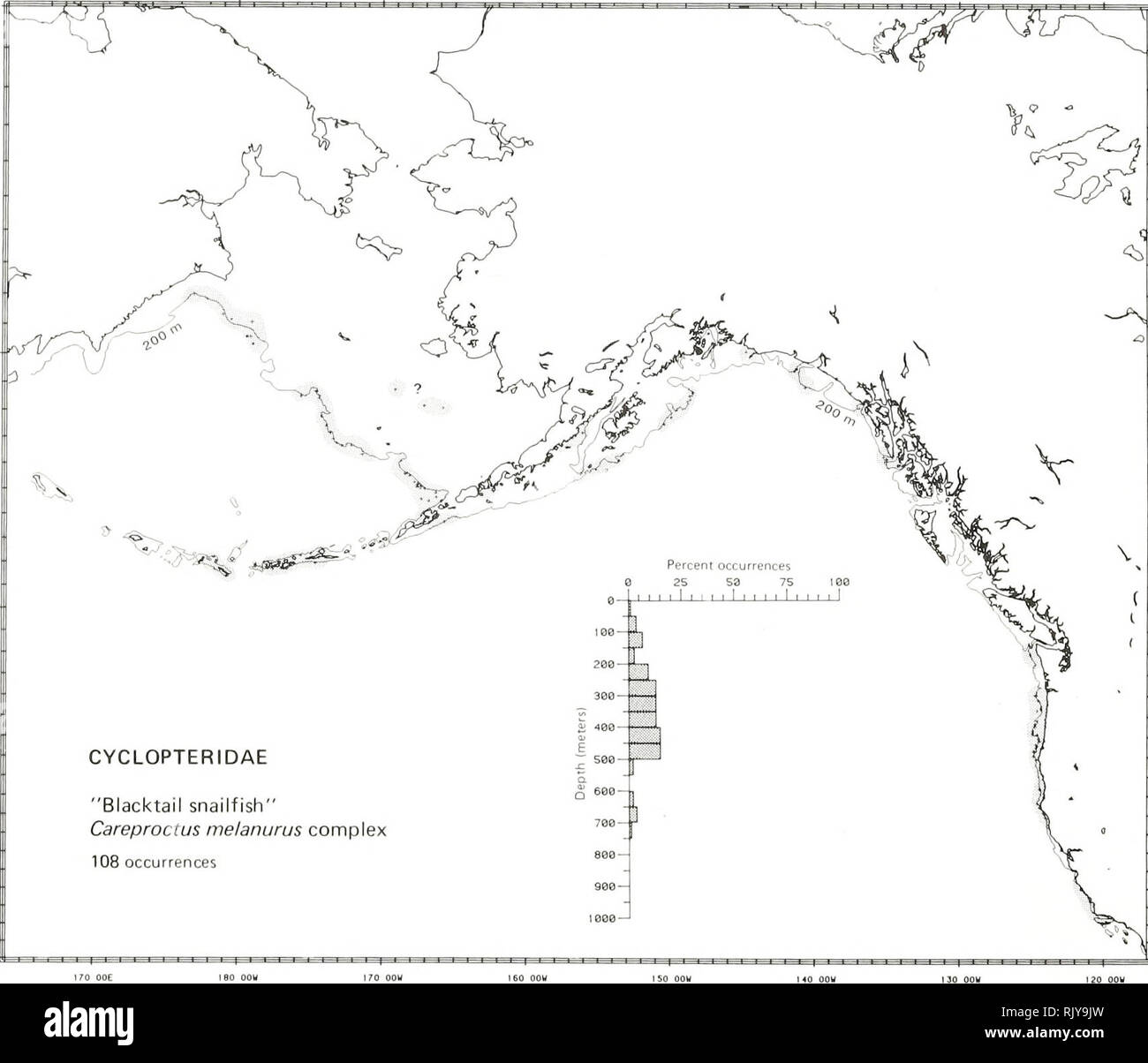. Atlas and zoogeography of common fishes in the Bering Sea and Northeastern Pacific / M. James Allen, Gary B. Smith. Fishes Bering Sea Geographical distribution.. &quot;BLACKTAIL SNAILFISH,&quot; Careproctus melanurus Complex Cyclopteridae: Lumpfishes and Snailflshes Taxonomic comment This complex may include four species that have been called &quot;blacktail snailfish&quot; in the field, including the following: Alaska snailfish, Careproctus colletti Gilbert 1896; blackfinned snailfish, C. cypselurusQordan and Gilbert 1898 in Jordan and Evermann); forktail snailfish, C. furcellus Gilbert and Stock Photo