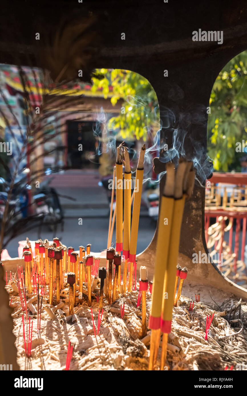 Incense burning in chinese temple. Pung Thao Kong Shrine chinese temple in Chiang Mai, Thailand Stock Photo