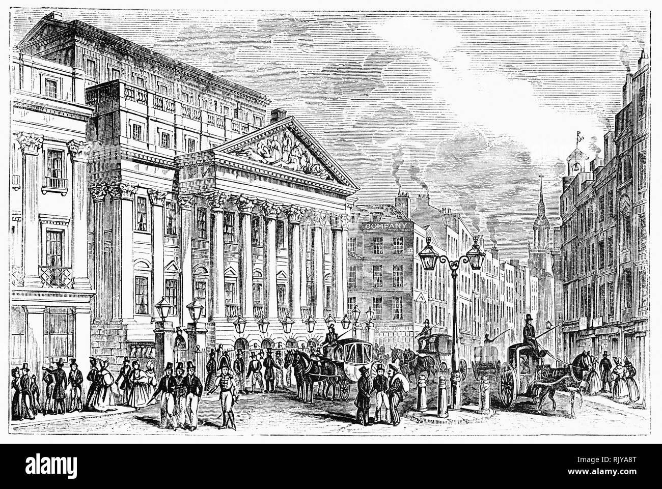 Mansion House is in a short street that connects Poultry and Queen Victoria Street. It is the official residence of the Lord Mayor of London and was built between 1739 and 1752, in the then fashionable Palladian style by the surveyor and architect George Dance the Elder. The construction was prompted by a wish to put an end to the inconvenient practice of lodging the Lord Mayor in one of the City Halls. Dance won a competition over designs solicited from James Gibbs and Giacomo Leoni, and uninvited submissions by Batty Langley and Isaac Ware. Stock Photo