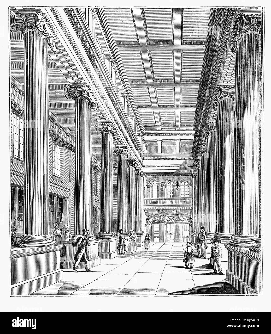 The hall of the General Post Office built on the eastern side of St. Martin's Le Grand in the City of London between 1825 and 1829, to designs by Robert Smirke, was the main post office for London between 1829 and 1910, the headquarters of the General Post Office of the United Kingdom of Great Britain and Ireland, and England's first purpose-built post office. It was demolished in 1912. Stock Photo