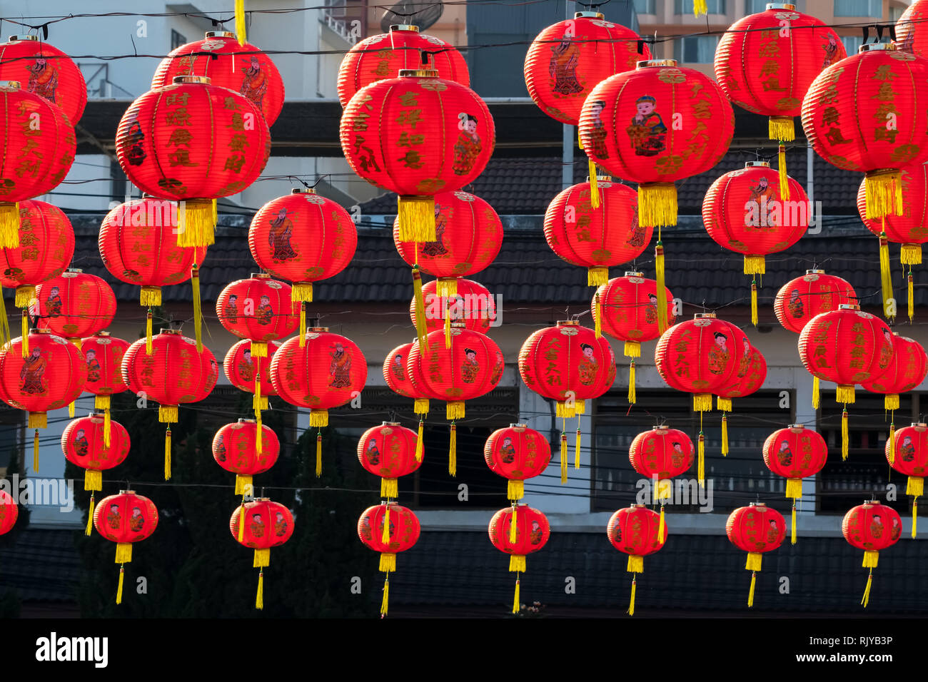 Red Chinese New Year lanterns in  Chinese temple. Samakkee Charity Foundation in Chiang Mai, Thailand Stock Photo