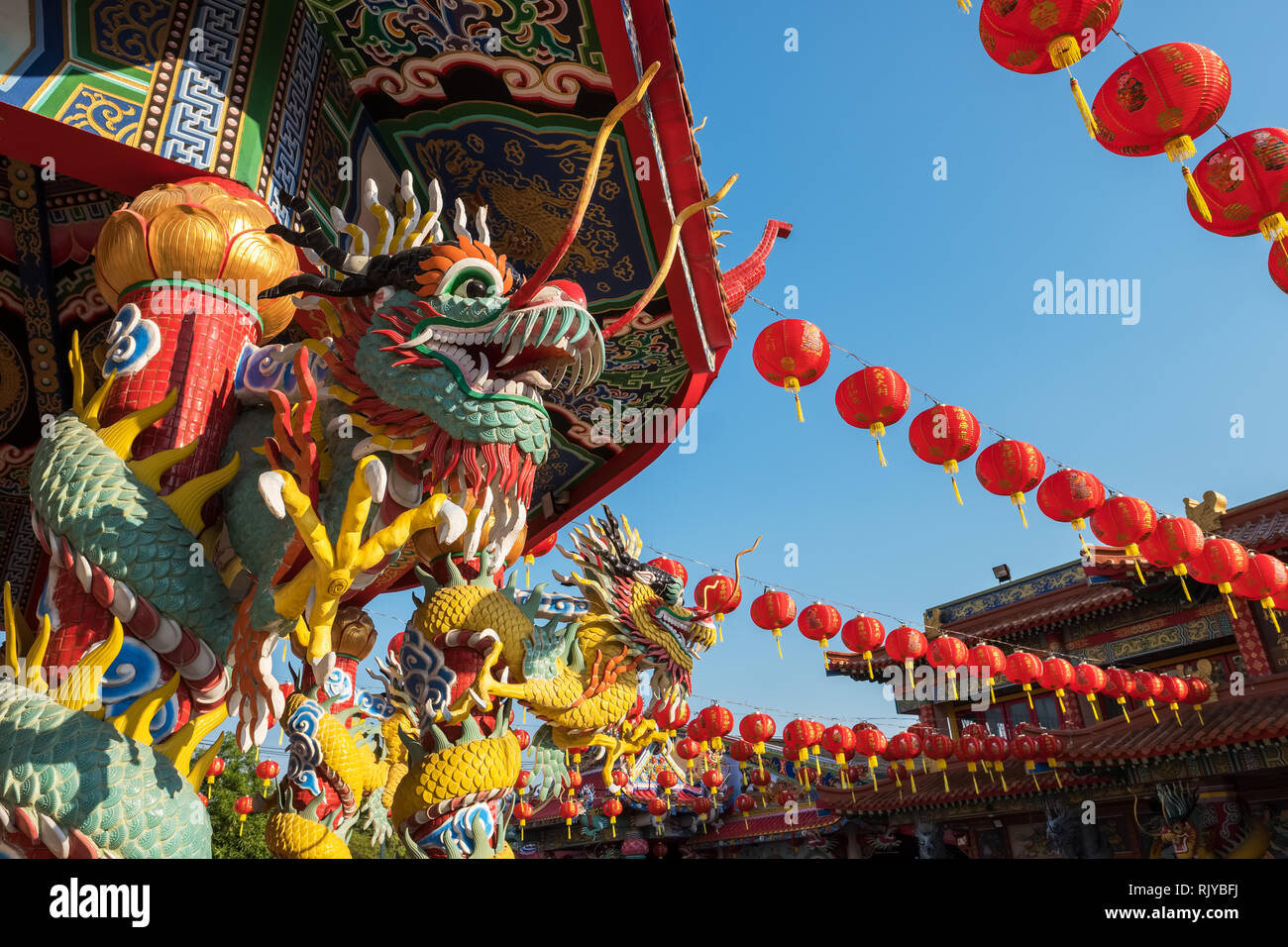 Red Chinese New Year lanterns in  Chinese temple. Samakkee Charity Foundation in Chiang Mai, Thailand Stock Photo