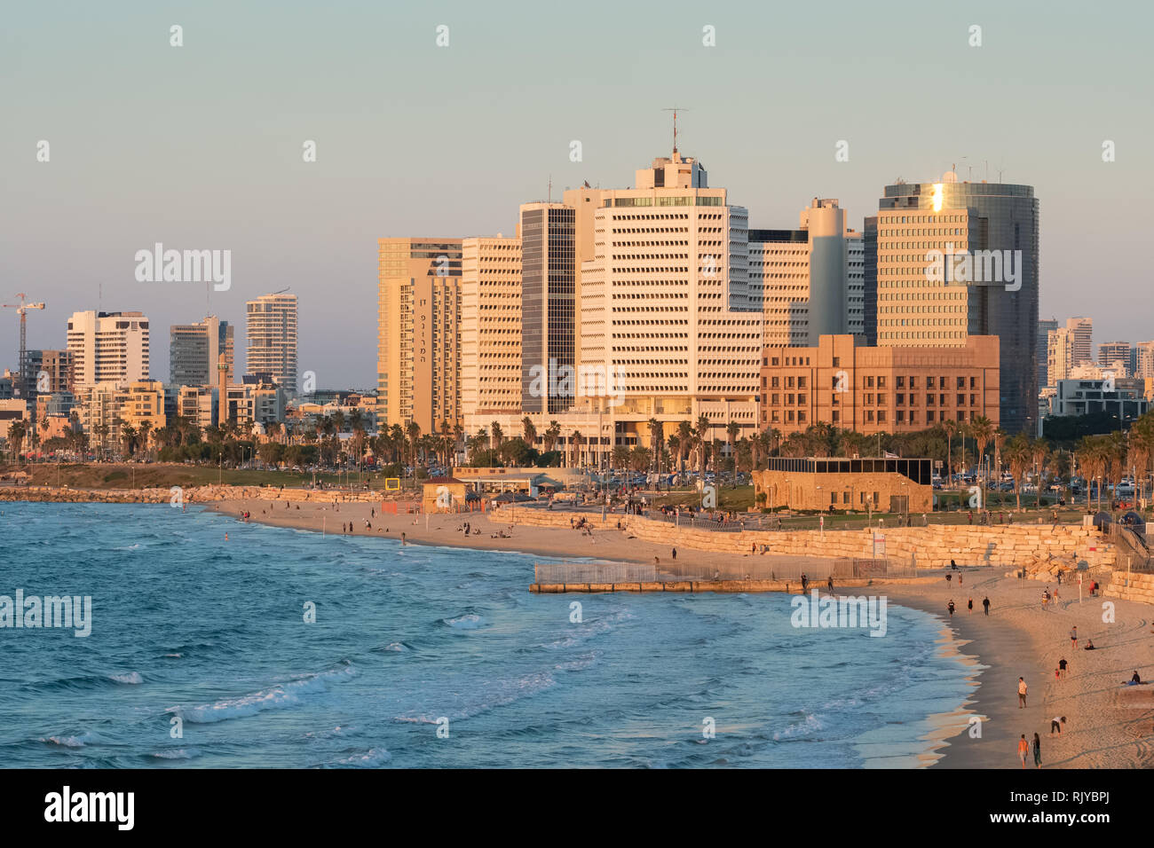 Waterfront of Tel Aviv, Israel. View of modern city Tel Aviv from the old city at sunset Stock Photo