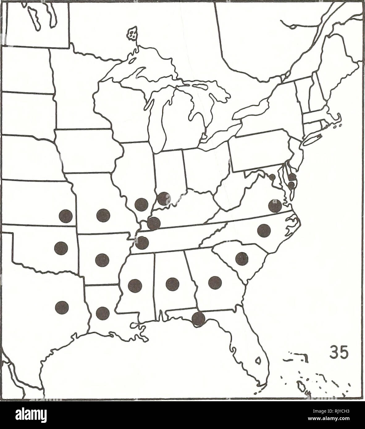. Atlas of United States trees: volume 6. Supplement. Trees. u^ $ d *^&gt;v - y —V • jL L^ggf i • V • y LAs::;::v7^r  o -^ 34. Map 32.— Crataegus tracyi Ashe ex Eggl., Tracy hawthorn. Map 33.—Crataegus triflora Chapm., threeflower hawthorn. Map 34.— Crataegus uniflora Muenchh., oneflower hawthorn. Map 35.—Crataegus viridis L., green hawthorn.. Please note that these images are extracted from scanned page images that may have been digitally enhanced for readability - coloration and appearance of these illustrations may not perfectly resemble the original work.. Little, Elbert L. (Elbert L Stock Photo