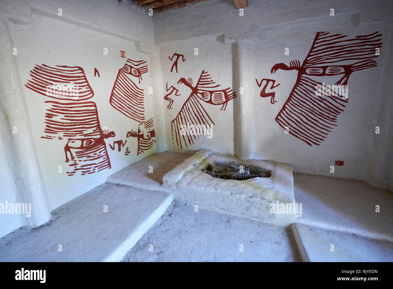 An exposed skeleton which were found in pits under the floors of some houses. On the wall are frescoes of what look like vultures, Scholars belive tha Stock Photo