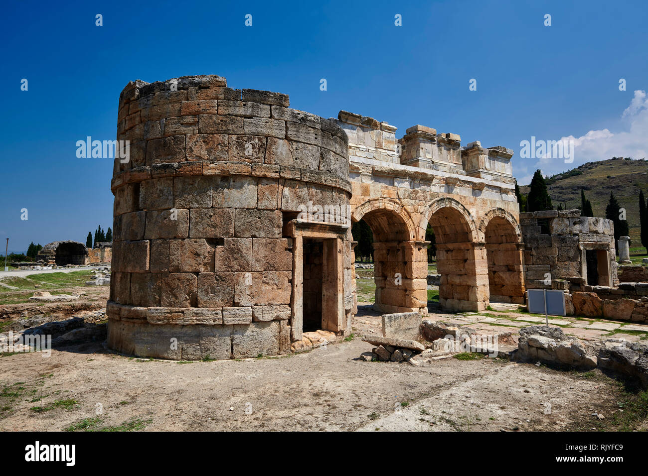 Picture of the Roman North Gate built by Domitian. Hierapolis archaeological site near Pamukkale in Turkey. Stock Photo