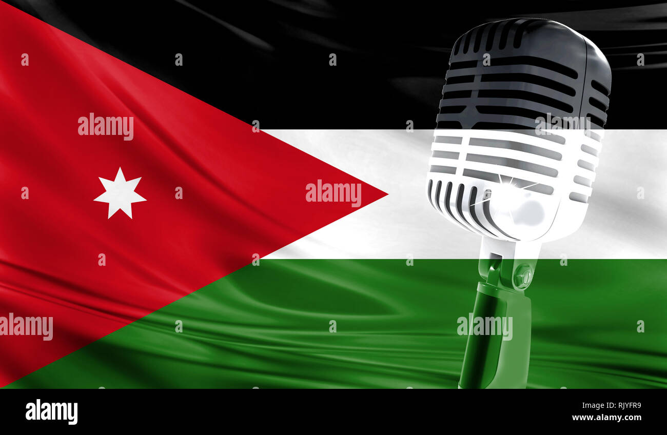 Microphone on fabric background of flag of Jordan closeup Stock Photo
