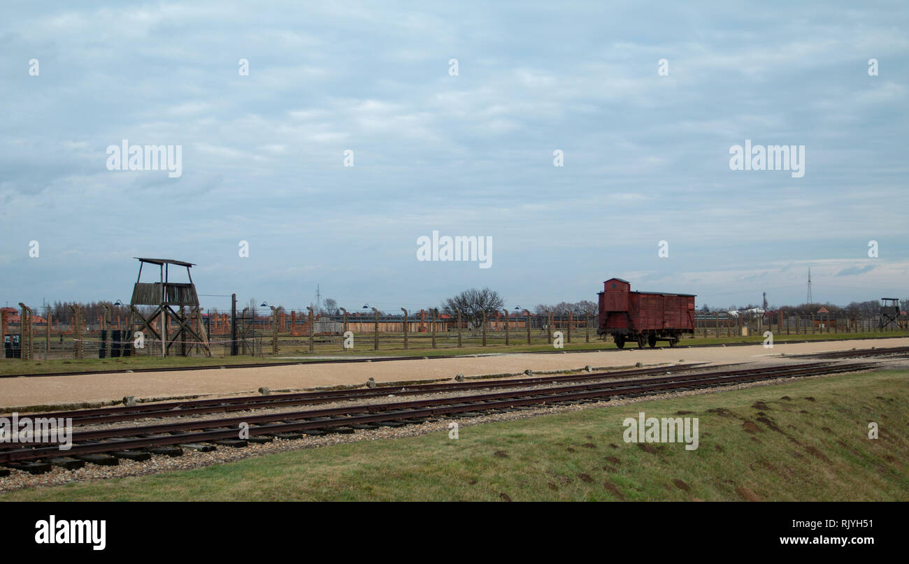 Train tracks in the Auschwitz-Birkenau concentration camp Stock Photo