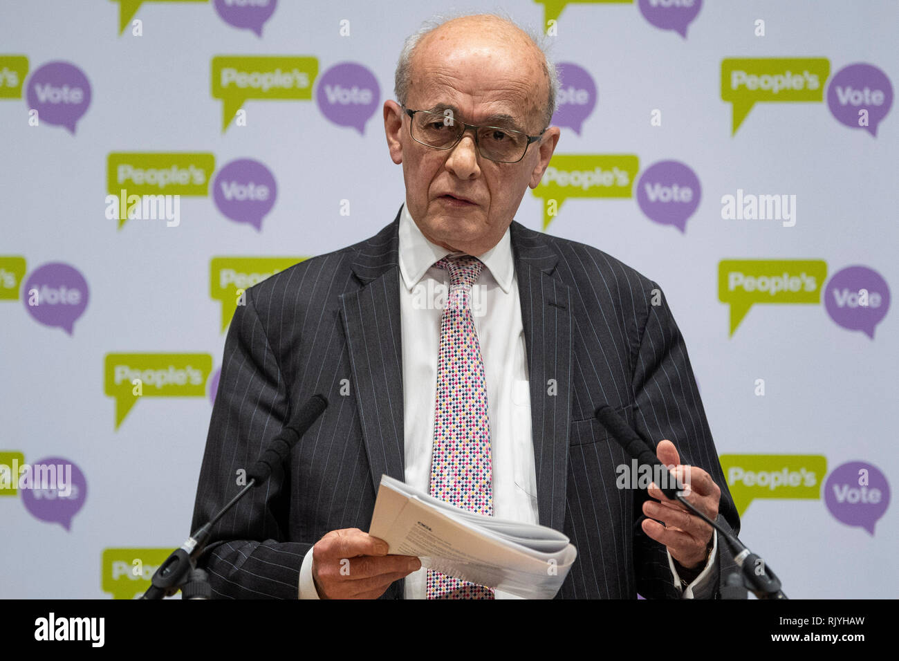 Lord Kerr at IET London at the launch of a new report from the People's Vote campaign showing how the Blindfold Brexit being supported by both Theresa May and Jeremy Corbyn offers no clarity and so brings no closure to the Brexit debate. Stock Photo