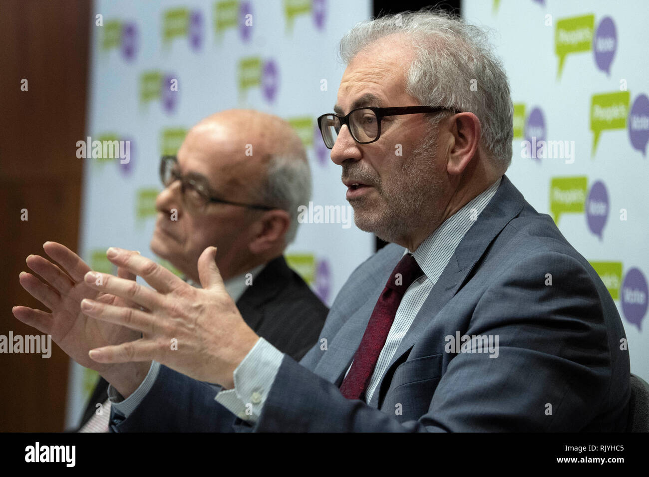 Lord Kerr (left) and Lord Kerslake at IET London at the launch of a new report from the People's Vote campaign showing how the Blindfold Brexit being supported by both Theresa May and Jeremy Corbyn offers no clarity and so brings no closure to the Brexit debate. Stock Photo
