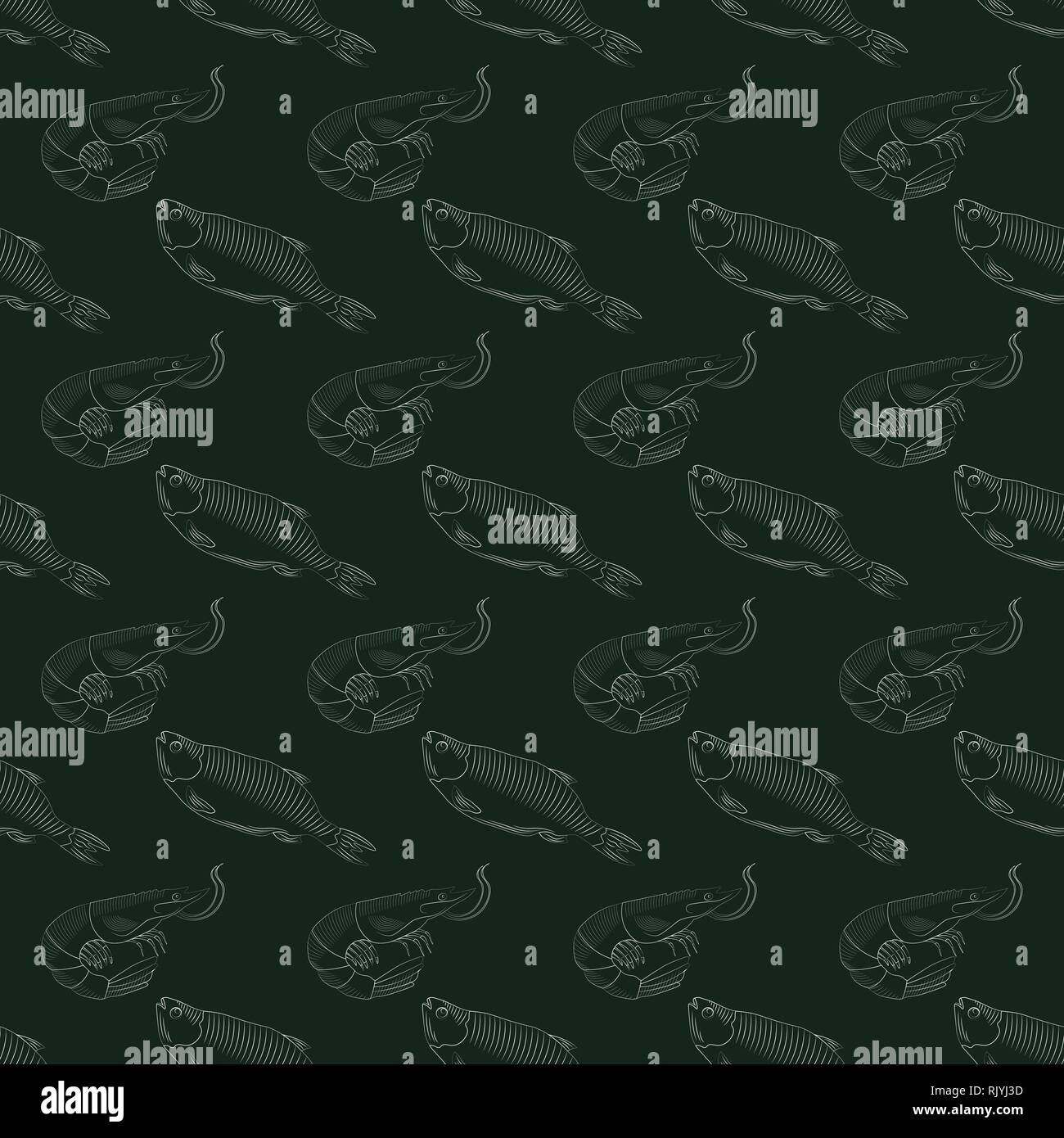 Stylization by hand drawing. Fish and shrimp vector seamless pattern ...