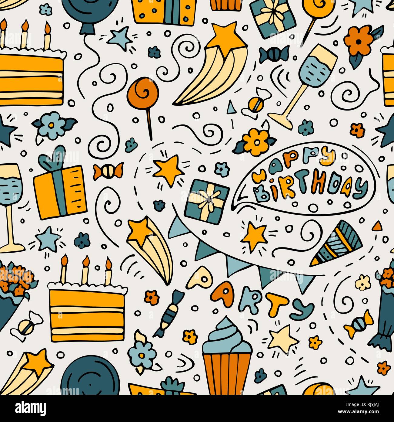 Hand-drawn seamless pattern with Birthday ink doodles. Stock Vector