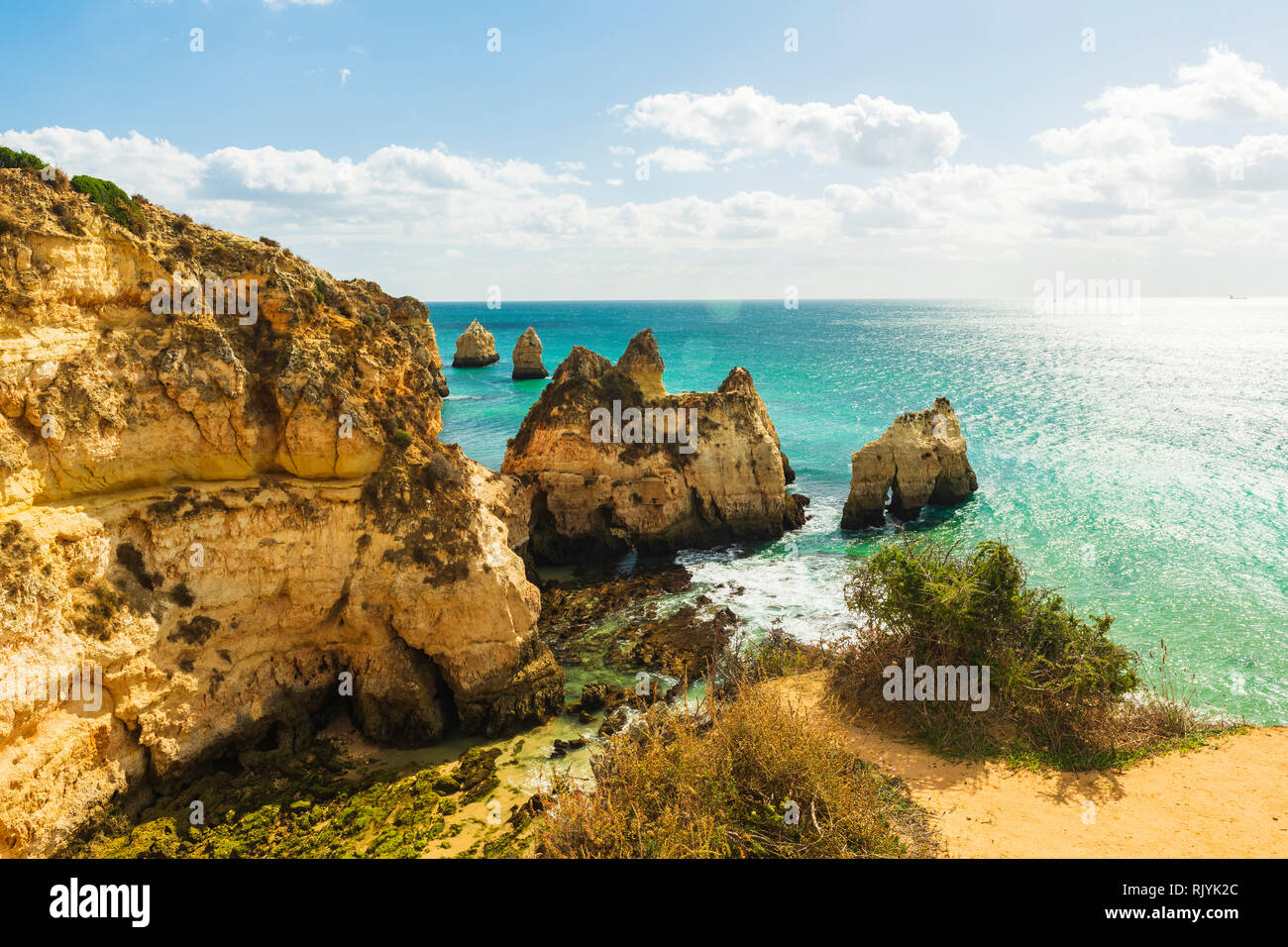 High level view of rugged coastline, Alvor, Algarve, Portugal, Europe Stock Photo