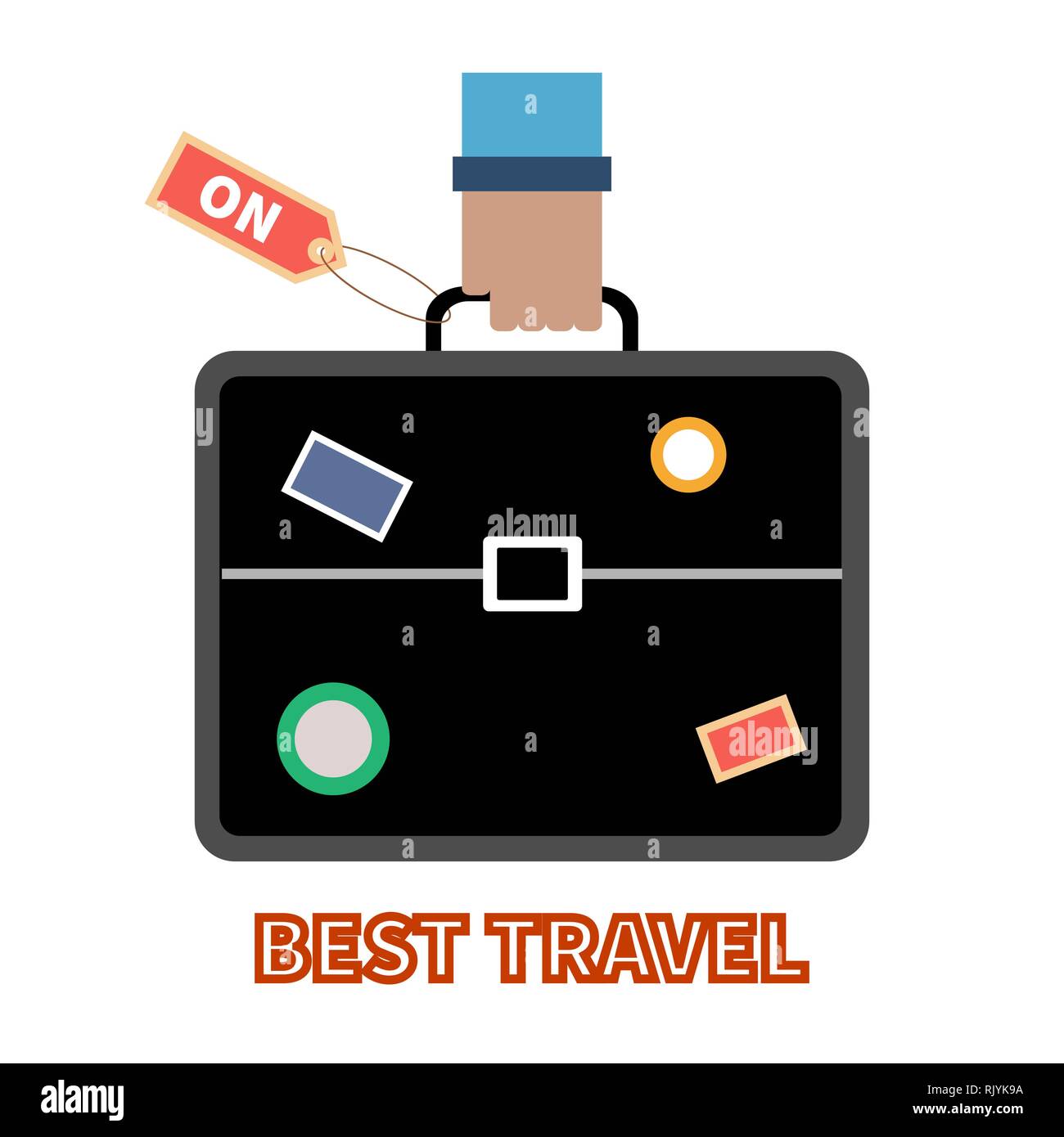 Tourist with suitcase. Travel briefcase with stickers in man's hand. Countrys and citys labels. Vector flat illustration. Concept for infographic, bus Stock Vector