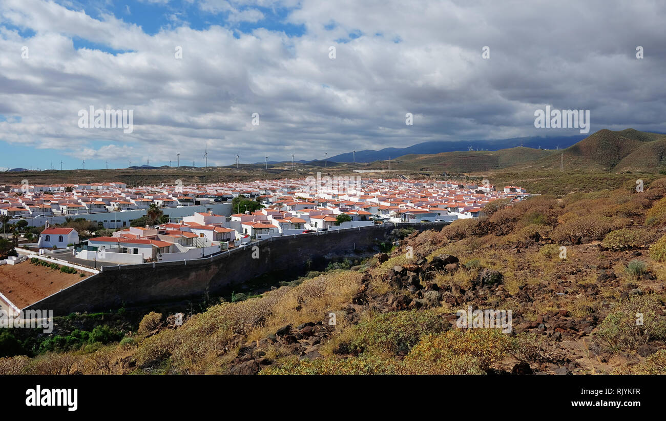 Views from the vantage point of the nearby hill towards the residential part of the remote village of Abades, Tenerife, Canary Islands, Spain Stock Photo