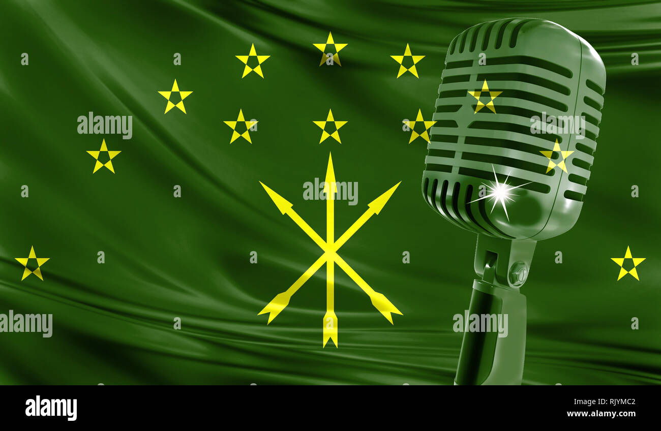 Microphone on fabric background of flag of Adygea close-up Stock Photo