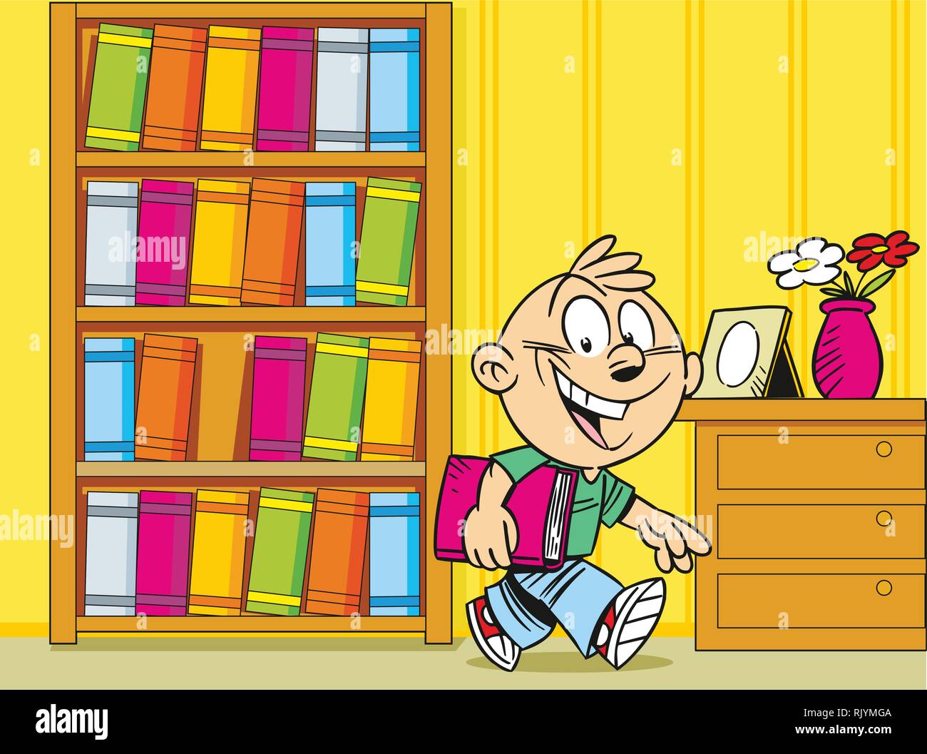 The illustration shows a boy who took the book out of the bookcase for reading. Illustration done in cartoon style, on separate layers. Stock Vector