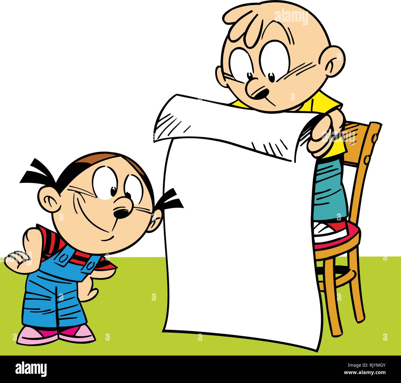 The illustration shows a boy and a girl reading a poster. Illustration done in cartoon style, on separate layers, there is block for text. Stock Vector