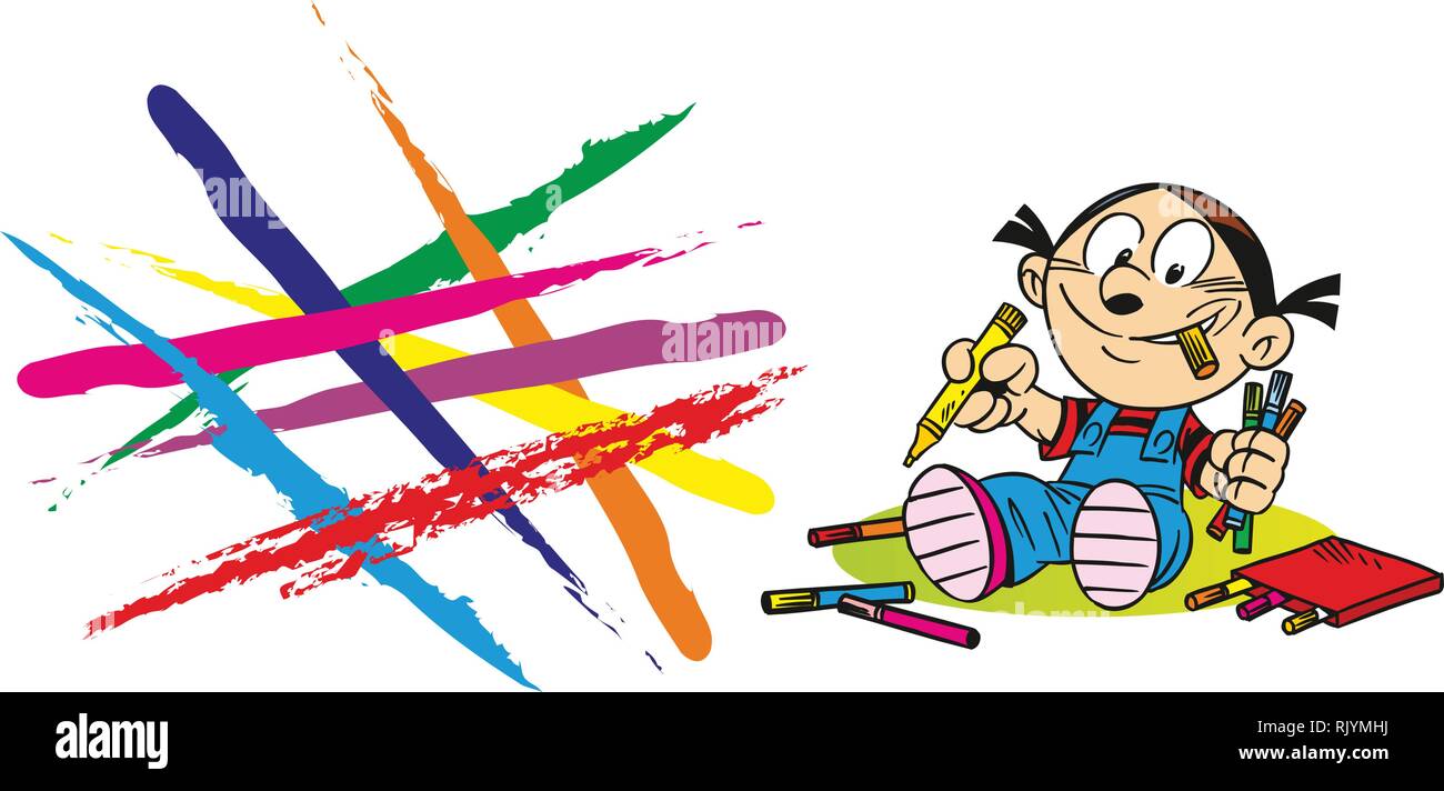 The illustration shows a cartoon girl, which draws with colored pencils Stock Vector