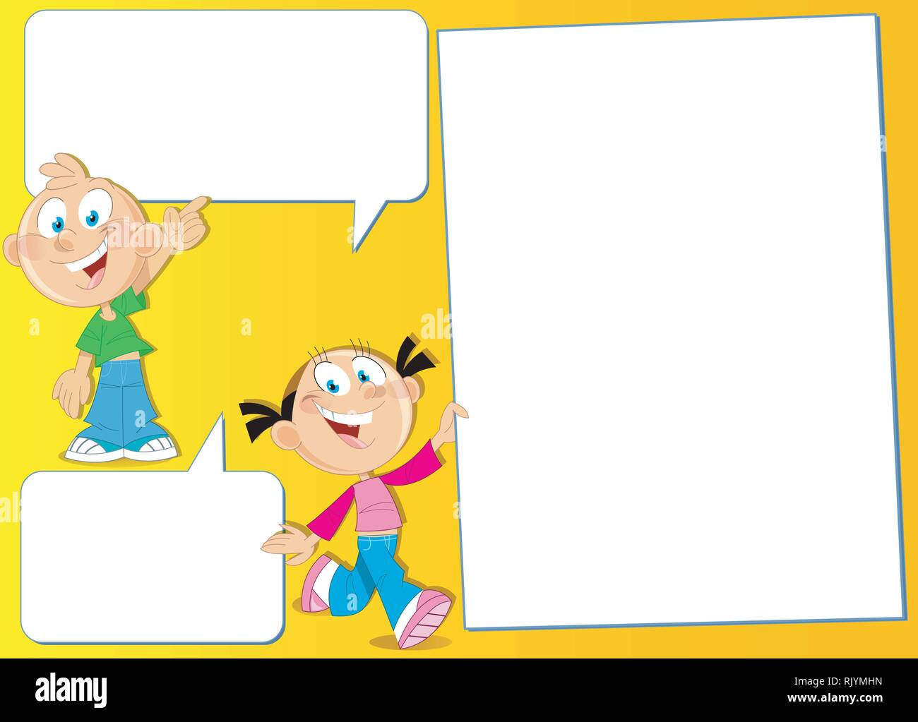 The illustration shows a boy and girl  with banners in hand. Illustration done in cartoon style, on separate layers, there is block for text. Stock Vector