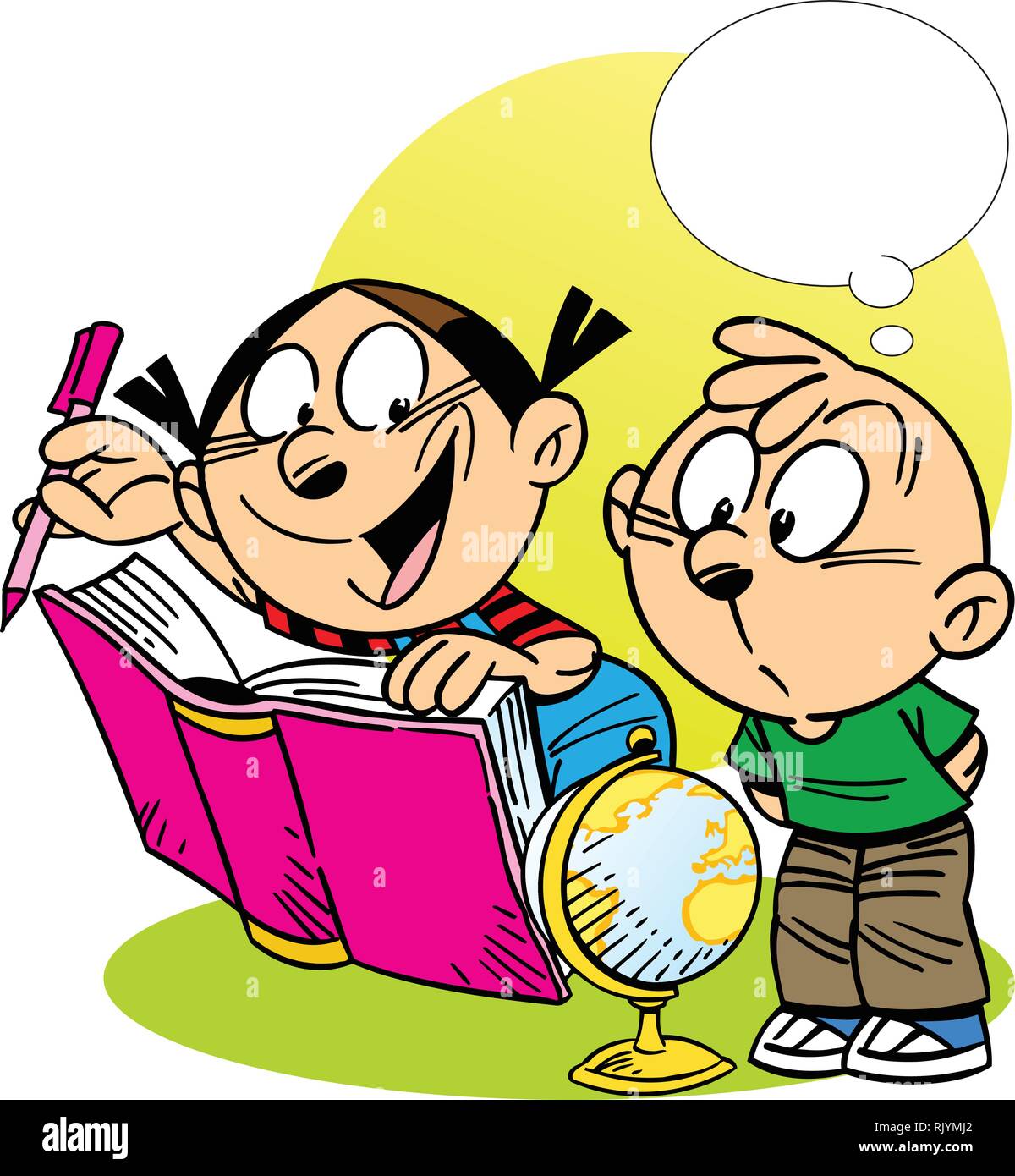 The illustration shows a boy and girl students, who read the book and consider globe Stock Vector