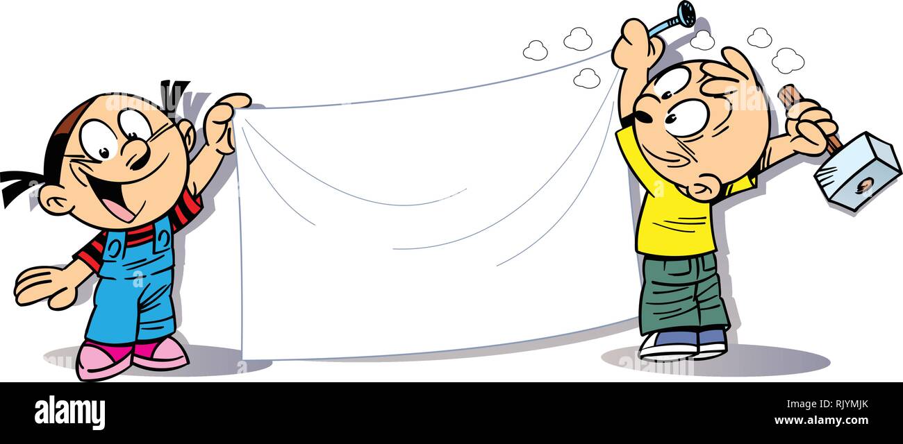 The illustration shows a boy and girl  with banner in hand. Illustration done in cartoon style, on separate layers, there is block for text. Stock Vector