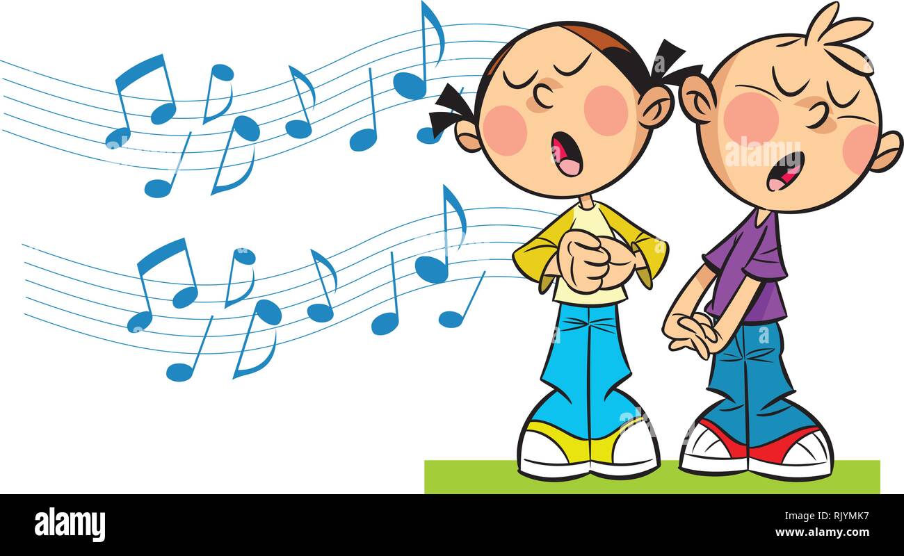 In the illustration cartoon girl and boy sing on  the background symbolic musical notes.  Illustration done in cartoon style, on separate layers. Stock Vector