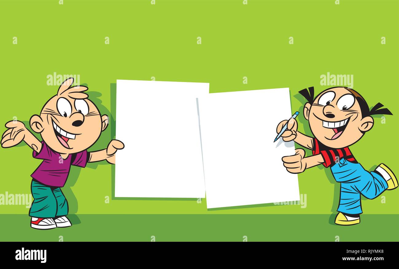 The illustration shows a boy and girl with placards in hand. Illustration done in cartoon style, on separate layers, there is room for text. Stock Vector