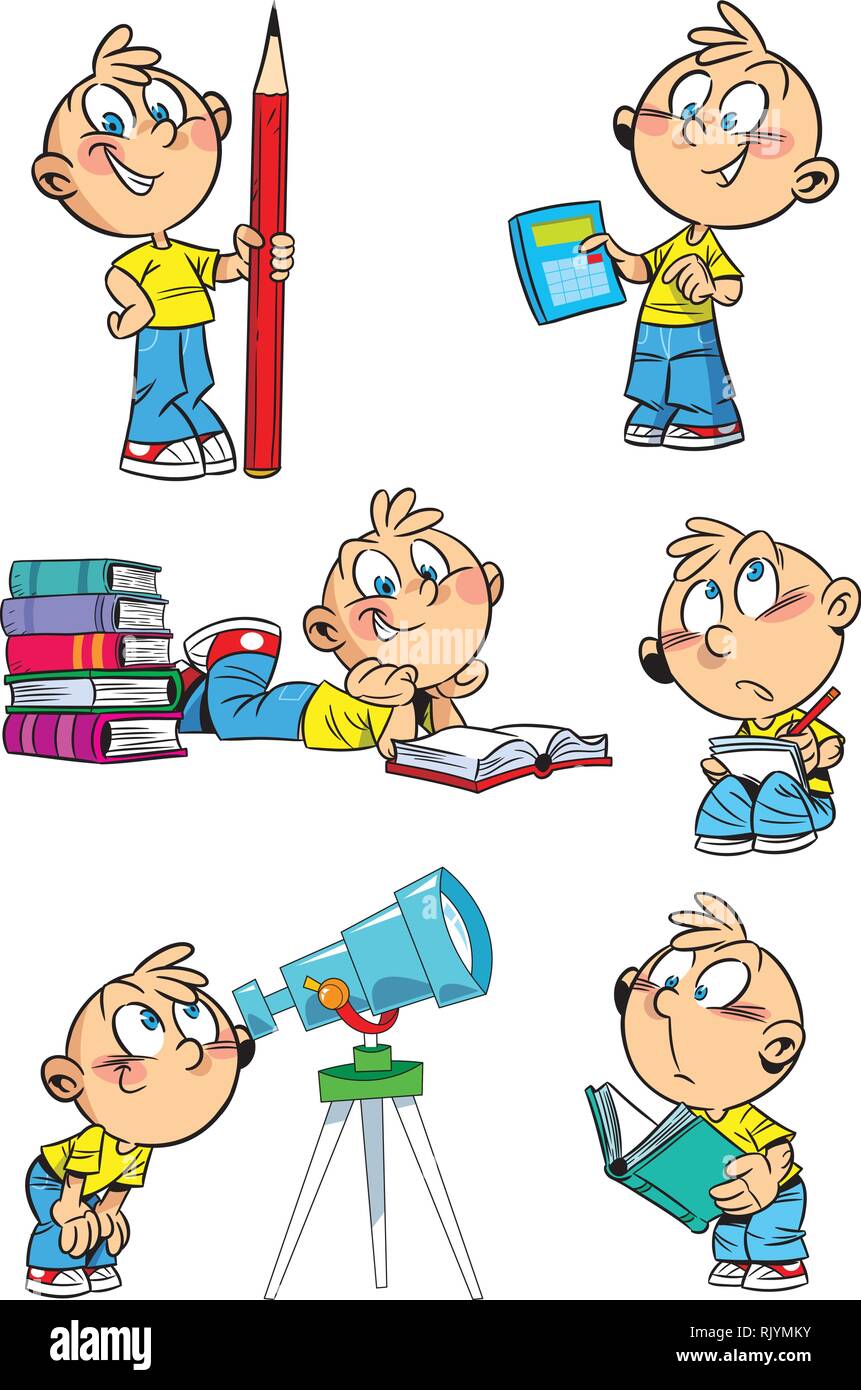 The illustration shows a set of positions schoolboy and school subjects. Illustration done in cartoon style isolated on white background, on separate  Stock Vector