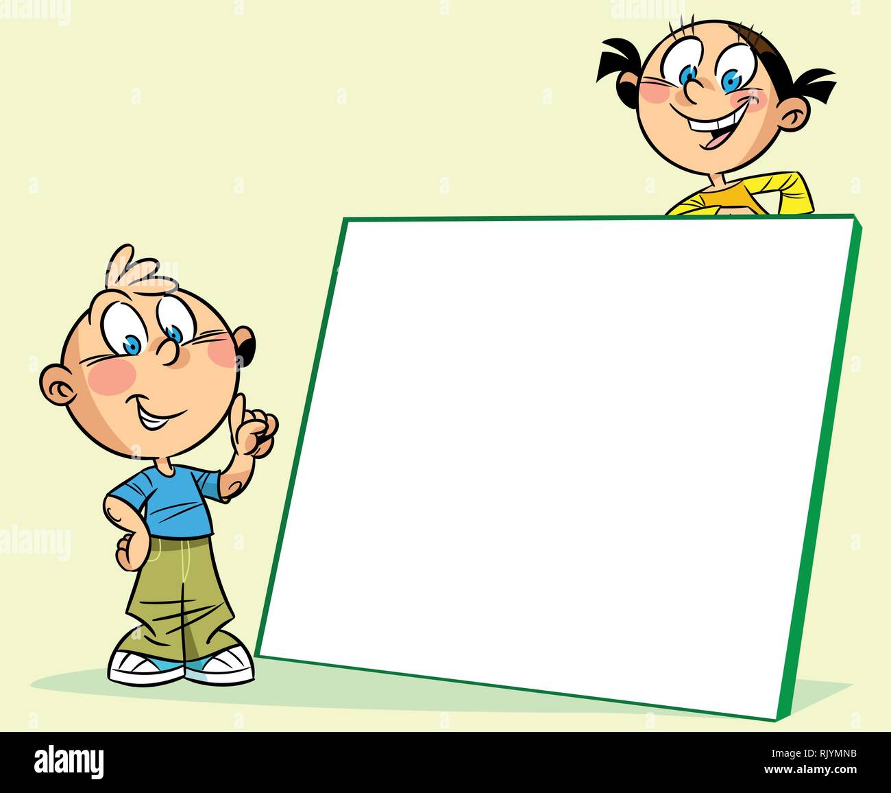 The illustration shows a boy and a girl, standing near a white board. The boy points a finger on the board. Done in cartoon style, on separate layers Stock Vector
