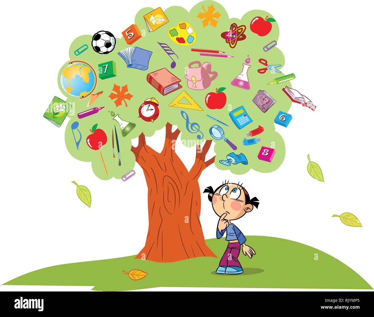 The illustration shows the tree. Instead of leaves shows the attributes and items for school. Under the tree is a child lost in thought. Illustration  Stock Vector
