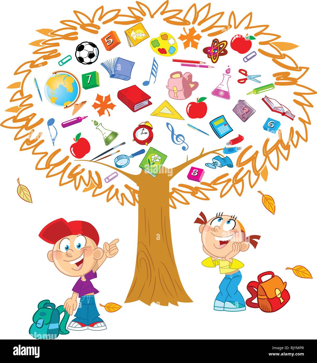 The illustration shows the tree. Instead of leaves shows the attributes and items for school.  Under the tree, funny boy and girl, they indicate on th Stock Vector