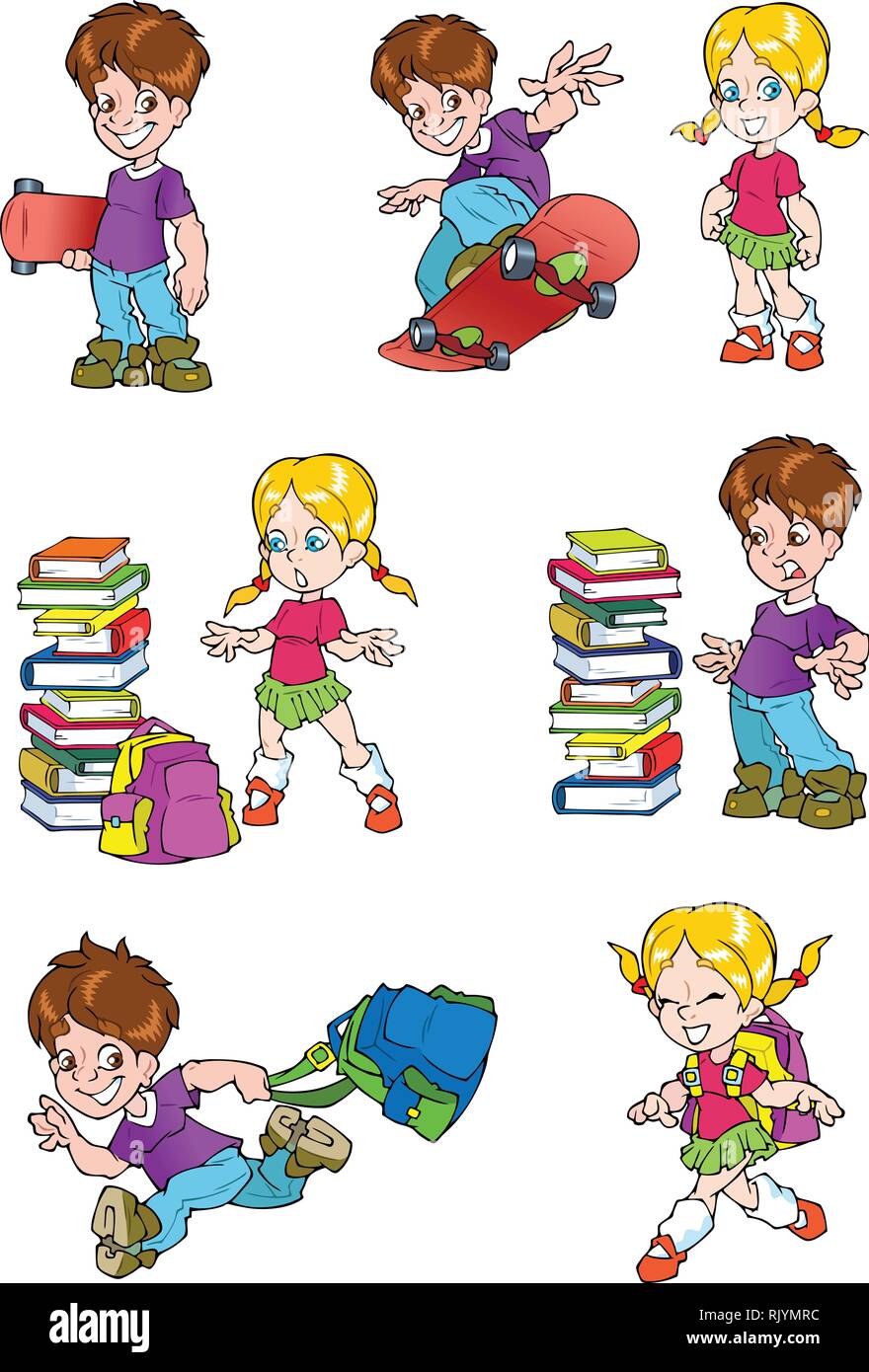 The illustration shows the characters of schoolchild, it's a boy and a girl. The boy board for skateboard and school bag. Girl with a briefcase near a Stock Vector