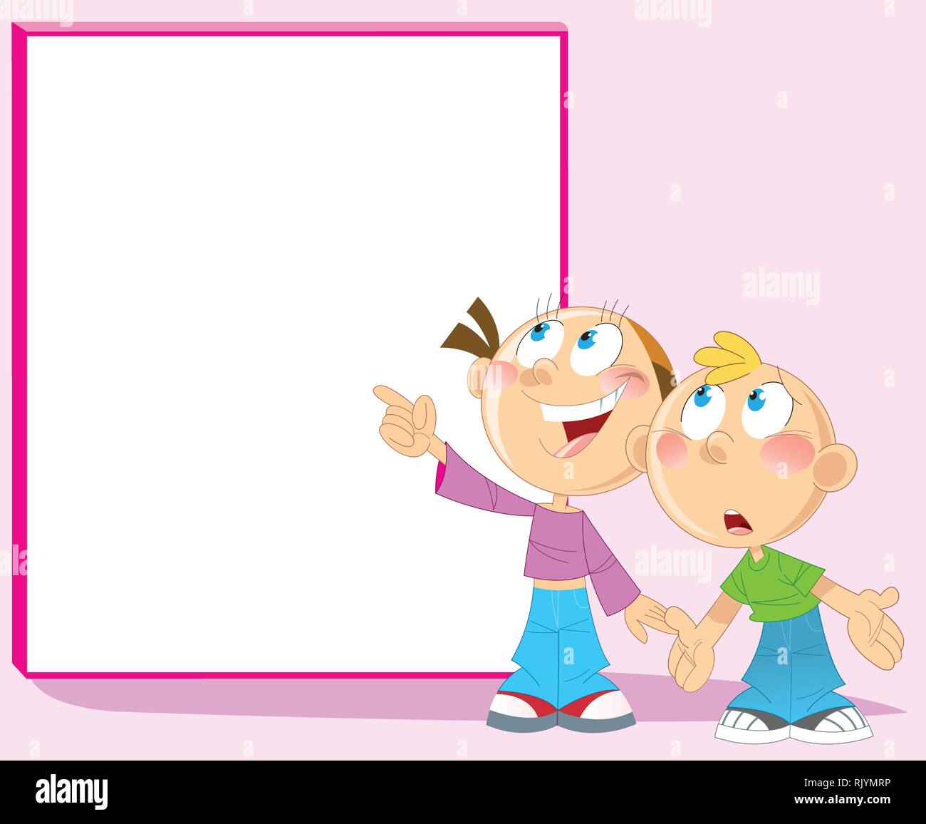 The illustration shows a boy and a girl, standing near a white board. The girl points a finger on the board. Done in cartoon style, on separate layers Stock Vector