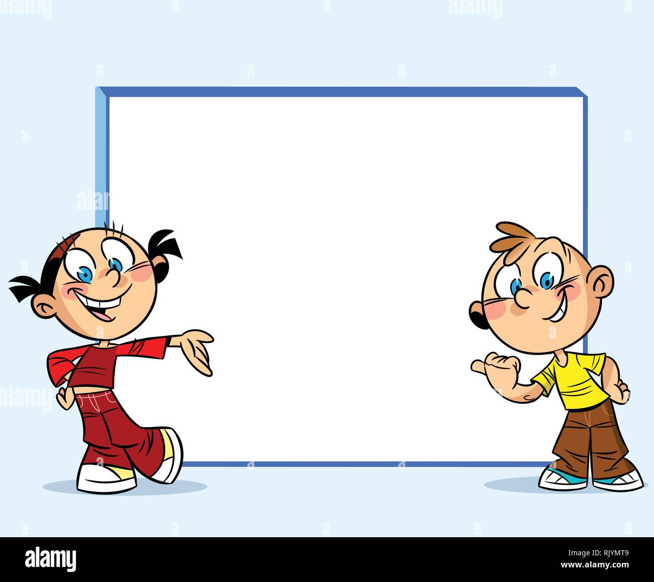 The illustration shows a boy and a girl, standing near a white board. They point a finger on the board. Illustration done in cartoon style, on separat Stock Vector