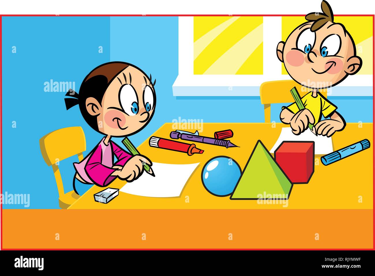 Children sit at a table in the room.  Boy and a girl draw with crayons on paper. Stock Vector
