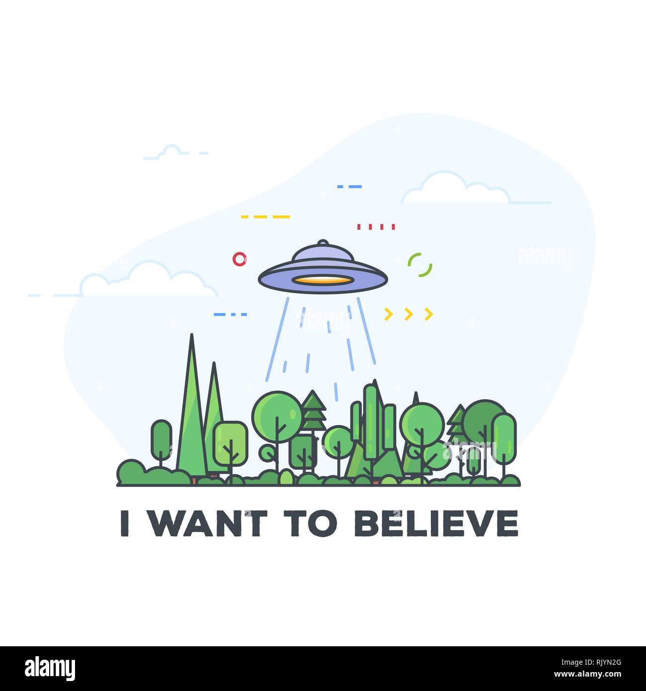 UFO in the forest enable abducting ray. Spaceship saucer flying above woods. I want to believe text. Line style vector illustration. Line style pixel  Stock Vector