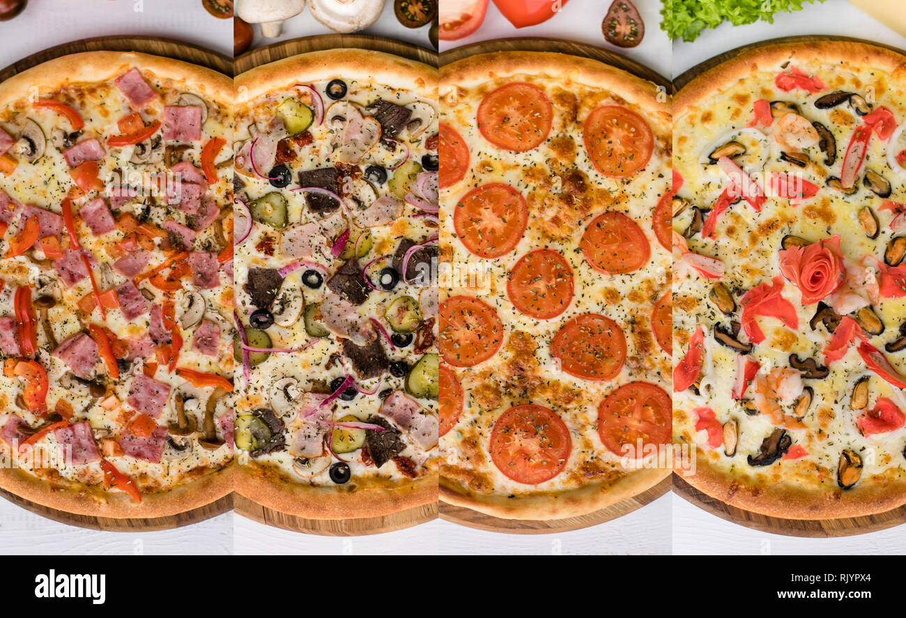 Photo collage with four different types of pizza Stock Photo - Alamy