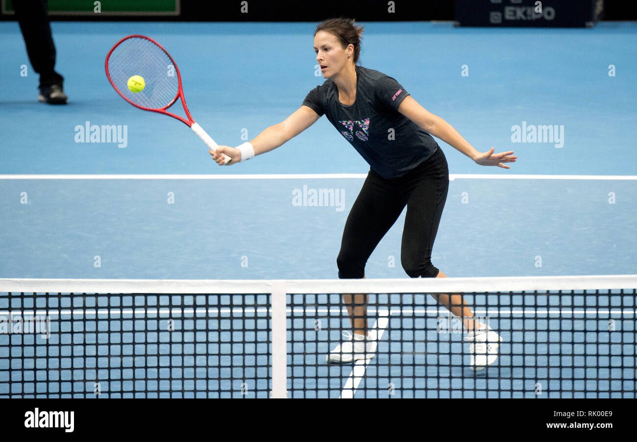 Braunschweig, Germany. 08th Feb, 2019. Tennis, ladies: Federation Cup - World Group, 1st round, Germany - Belarus: Germany's Tatjana Maria beats the ball during training. Credit: Julian Stratenschulte/dpa/Alamy Live News Stock Photo