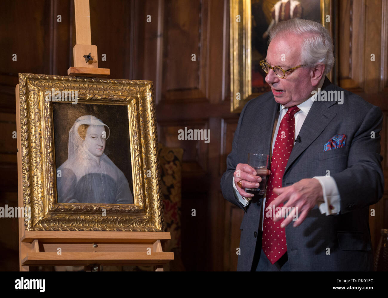 Hever Castle, Kent, UK. 8 February, 2019. 432 years after she died on the same date in 1587 - a portrait of Mary, Queen of Scots goes on display at Hever Castle, in Kent. The extremely rare painting of the monarch – whose life story has been dramatized in the hit movie, Mary Queen of Scots, with actress Saoirse Ronan portraying her - is officially unveiled in the castle’s Staircase Gallery by one of the world’s leading experts on Tudor history, Dr David Starkey (pictured) after it was recently rediscovered in France. Credit: Malcolm Park/Alamy Live News Stock Photo